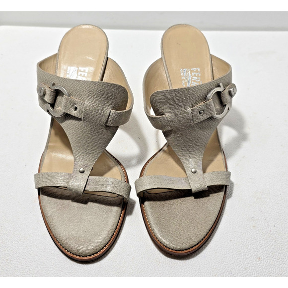 Salvatore Ferragamo Slides Sandals Women 8 B T-Strap Shoes Putty Leather - Picture 2 of 10